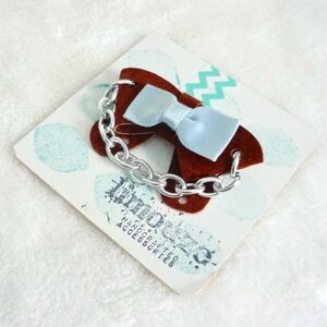 Leather + Dainty Satin Blue Bow Brooch - Metal Chain - OOAK Handmade by Limouze